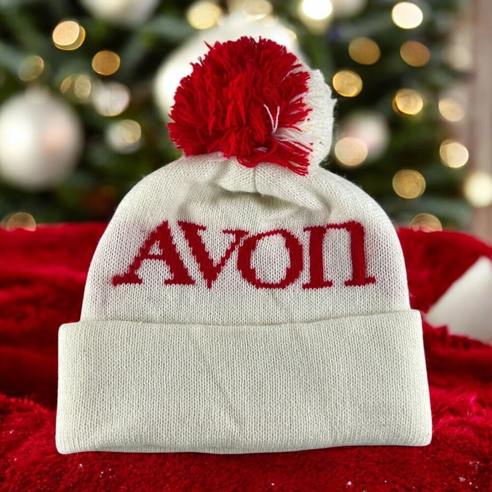 Vintage Holiday Wear Avon Skincare Knit Ski Cap Hat With Pom In White & Red GUC